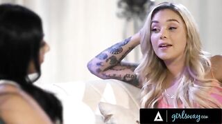 Violet Myers and Kali Roses enjoy passionate lesbian intimacy in a shared space
