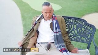 Ebony Mystique gets horny seeing Chong's big dick in the park, so they fuck