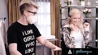 Scissoring with a passionate Asian beauty Ember Snow and her sexy blonde friend in Girlsway style