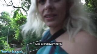 A blonde MILF with perky tits fucks outdoors in a public park after meeting someone
