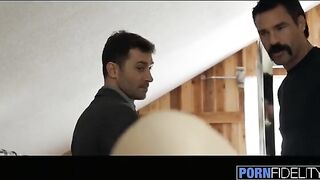 Babe Lily Love fucks with two guys at the same time, showcasing her stunning curves