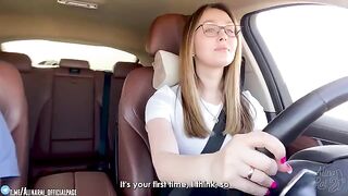A stepson is having fun with his beautiful stepmom in the car