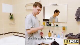 A girl is brushing her teeth when a naughty stepbrother enters the bathroom