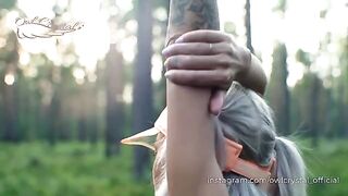 A beautiful girl was jogging and met her neighbor, who she sucked in the woods