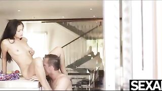 The man fucked his girlfriend in the kitchen, bending her over the table
