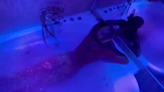 Blonde plays with sex toys in the bathroom and gets a big cock