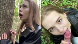 A slutty girl was fucking in the forest, taking a big risk