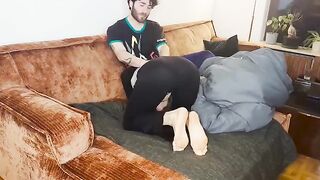 The real couple has an orgasm together under the blanket