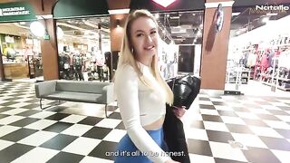 Big ass blonde gets fucked in the shopping mall toilet for cash