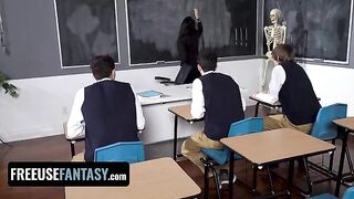 Hot teacher Valentina Nappi fucks three students on her table in a steamy FreeUse scene