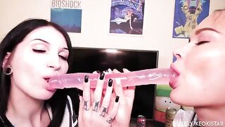 Lesbian beauties fuck each other with a double-ended dildo, showcasing their skills