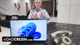 Thick blonde stepdaughter Eva Nyx gets her juicy teen pussy creampied by stepdaddy in a taboo role-play scene