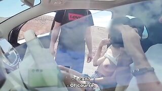 The exhibitionist guy is cutting off a piece of meat to a passerby in the street