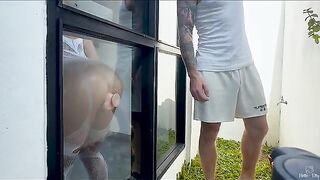 Peep show with dildo for a new neighbor to fuck