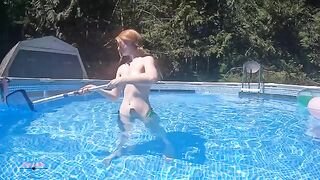 A sexy girl tried to swim in the pool but she could not ignore her boobs