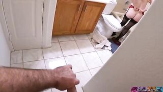 A stepson caught his naked stepmom after her work in the bathroom