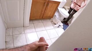 A stepson caught his naked stepmom after her work in the bathroom