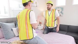 Petite Asian gets her face covered with cum by movers