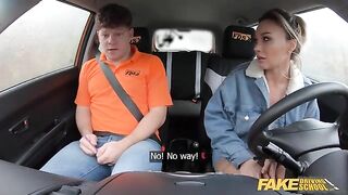 A cheating wife with big tits is being fucked by an instructor in a car