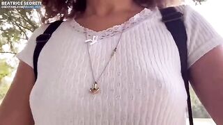 Public masturbation and intense orgasm in a strange place with a guy watching