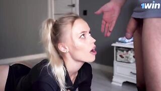 Stepmom saw his cock and wanted to suck it, she did it and got cum on her pussy