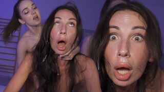 Submissive bimbo teen gets her brains and cervix fucked out in an FFM hardcore session