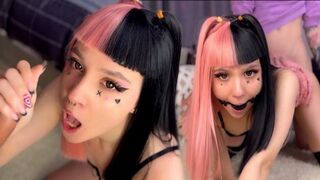 Emo babe with a hot pink hairstyle gets her mouth filled with cum