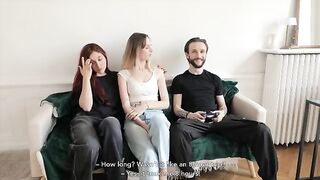 Two hot French girls share the same big cock in an amateur threesome