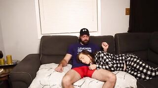 A man fucks his beautiful stepmom on the couch, risking a creampie