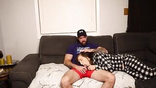 A man fucks his beautiful stepmom on the couch, risking a creampie