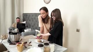 Two girls have a threesome while cooking Russian syrniki, getting really wild