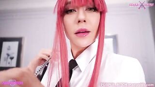 Two girls have an intense threesome sex with Power and Makima, featuring cosplay
