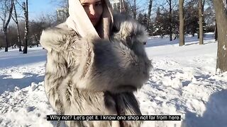 Fur coat-wearing slut gets her pussy pounded doggy style