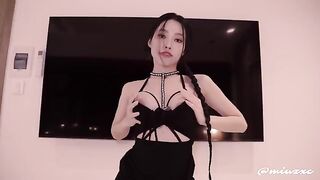 Hot Asian chick in black dress squirts and gets filled