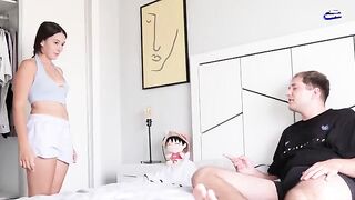 A stepsister spies on her stepbrother jerking off in the closet