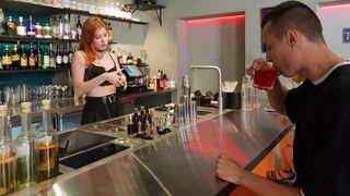 The cute customer went down to the hot bartender's panties