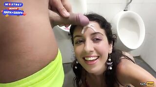 Public blowjob and cum walk on waterfall with many people around - daring fetish act