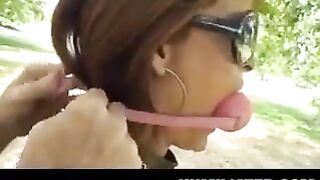 Women tied up by bonds, waiting for rough domination and fake tits play