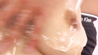 Oily handjob with a hot Japanese chick with huge boobs