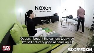 Brunette woman fucks with a casting agent on the table