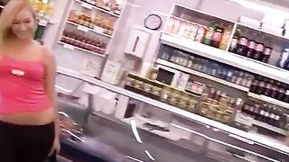 A stunning blonde teen is getting fucked behind the cashier