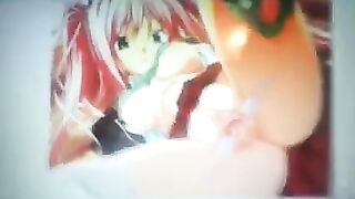 As usual, a guy jerked his cock on the pussy of an anime chick