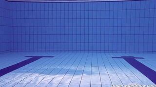 Helen has a swimming session in the pool without any clothes on