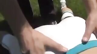 A cum shot on the big tits of a beautiful brunette