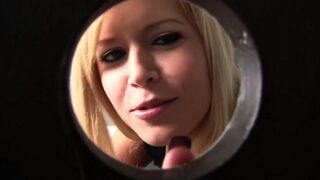The nimble blonde chick sucks a cock through the toilet hole