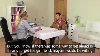 A blond girl is fucking with a guy at the casting couch