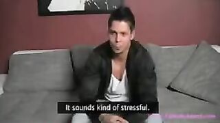 The beautiful girl acts as an agent and checks men for a casting