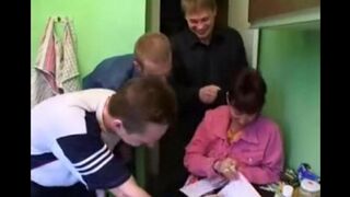 A Russian woman with a beautiful body has sex with four men