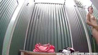 A secret camera was installed in the shower room, and a naked girl is washing herself