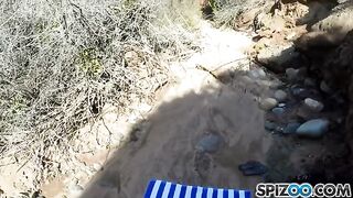 A girl with big natural tits has sex with a guy outdoors
